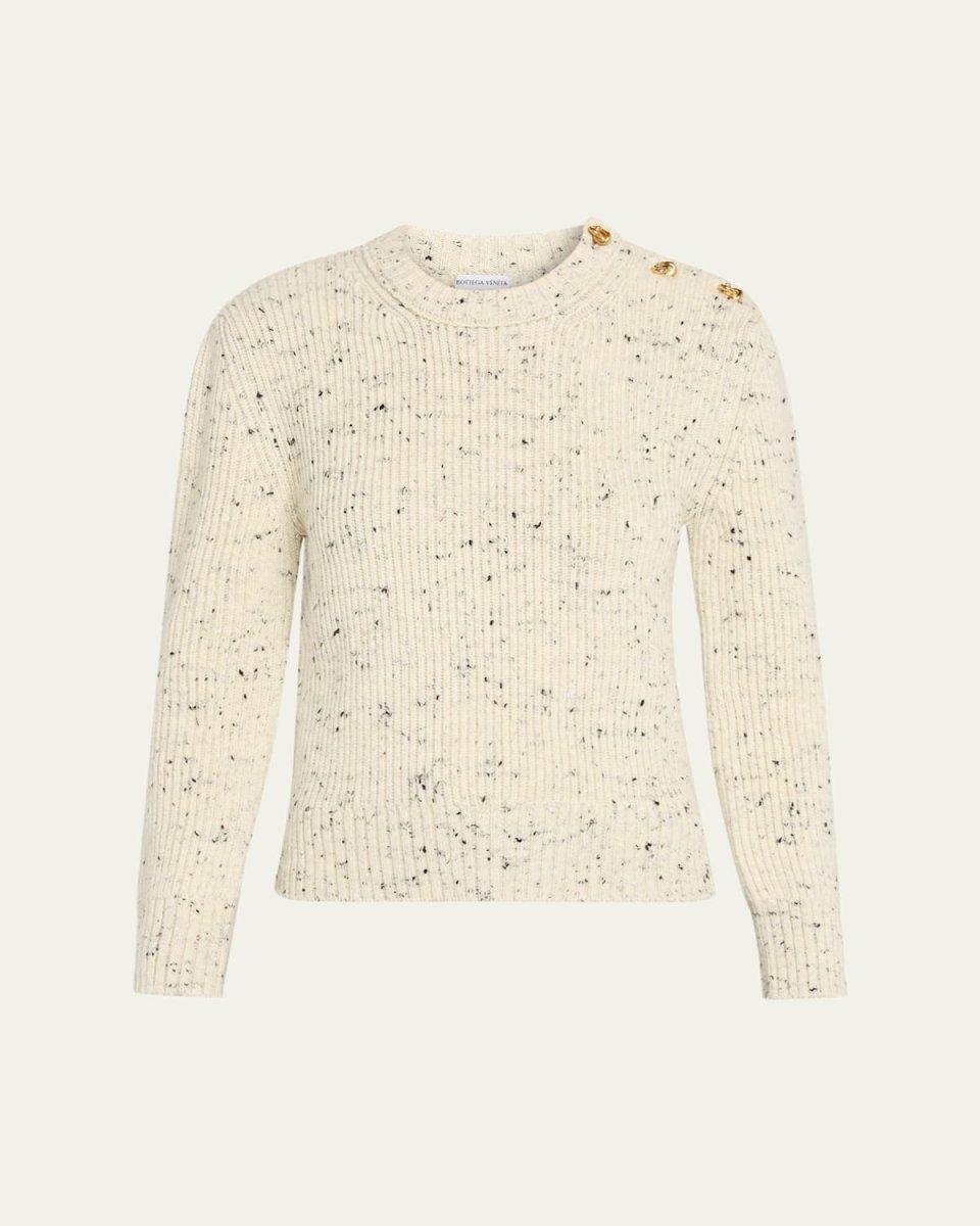 Button-Shoulder Speckled Rib Crewneck Sweat